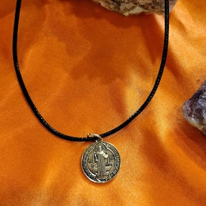 St Benedict Lucky charm necklace. Saint Benedict Catholic protection pendant, Lucky charm necklace on 18 in blck adjustable chain