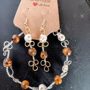 Wire Wrapped skull and tiger's eye bracelet and earrings