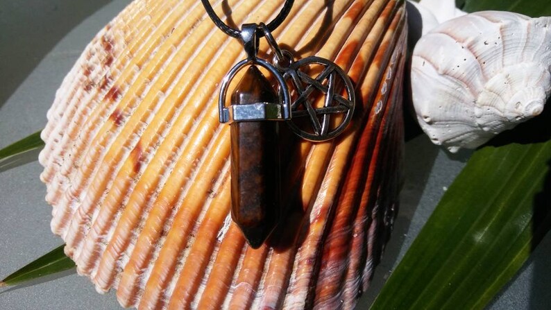 Tigers Eye Crystal point, Tigers Eye Pendant, Crystal, Chakra point necklace, hippie crystal point, pentacle charm, goddess charm, Strength