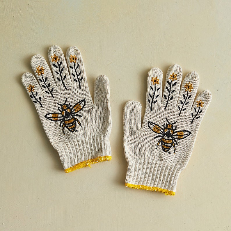 Bee Gardening Gloves: Hand Screen-Printed, Adult & Kids Sizes