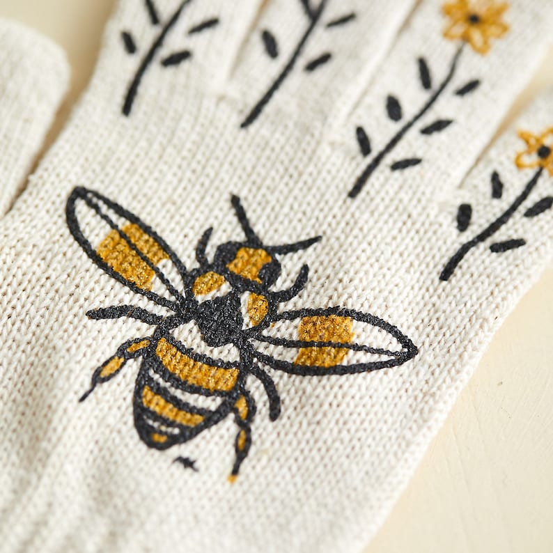 Bee Gardening Gloves: Hand Screen-Printed, Adult & Kids Sizes