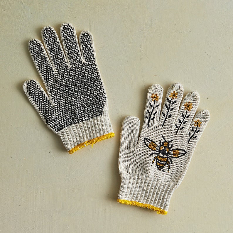 Bee Gardening Gloves: Hand Screen-Printed, Adult & Kids Sizes
