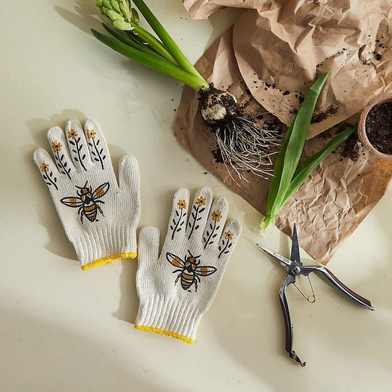 Bee Gardening Gloves: Hand Screen-Printed, Adult & Kids Sizes