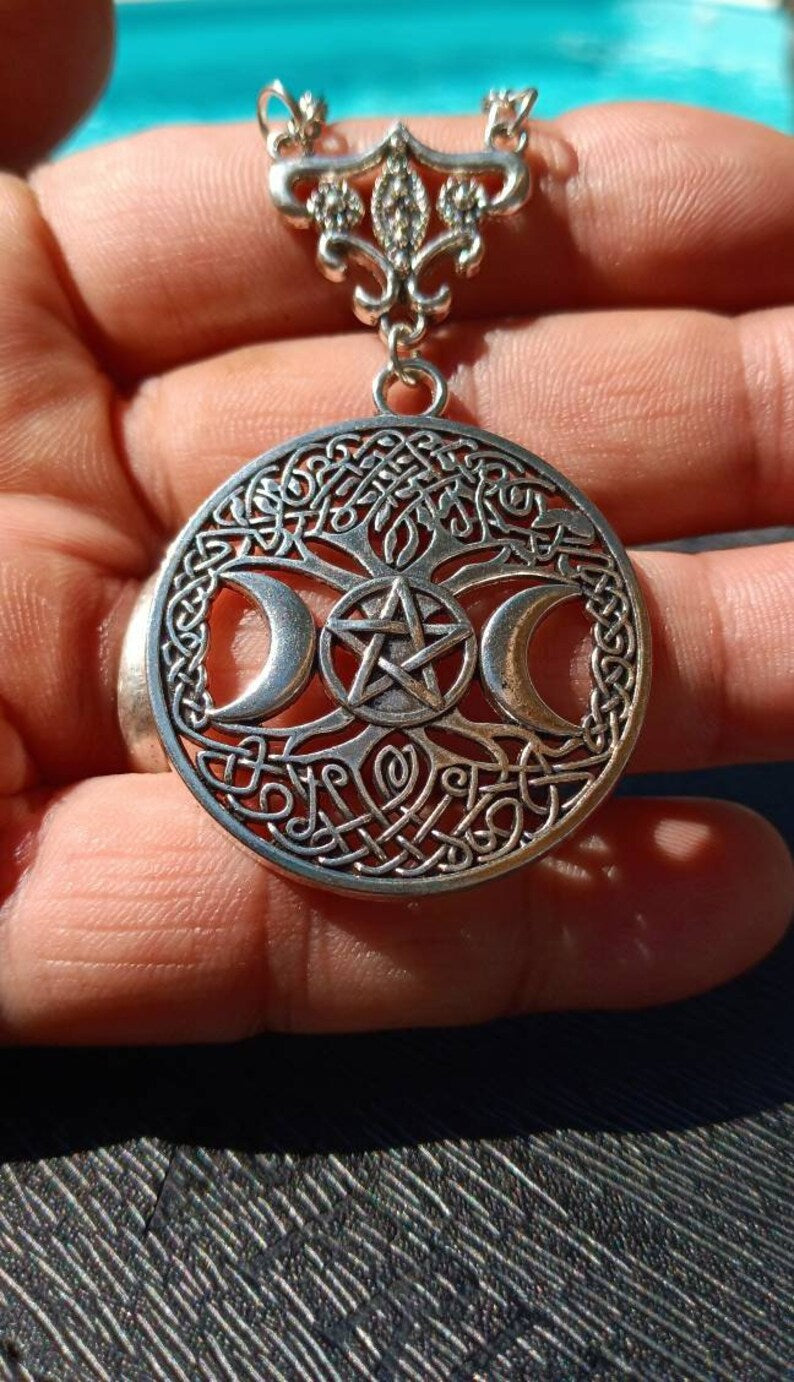 Triple Moon Amulet, Goddess Pendant, Triple Moon Protection, Pentacle Amulet, Celtic Pagan Amulet, Norse Amulet, Yggdrasil Amulet