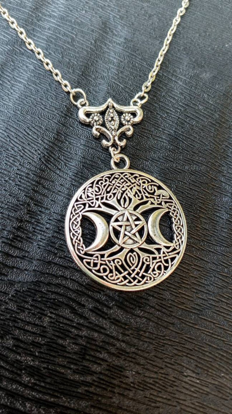 Triple Moon Amulet, Goddess Pendant, Triple Moon Protection, Pentacle Amulet, Celtic Pagan Amulet, Norse Amulet, Yggdrasil Amulet