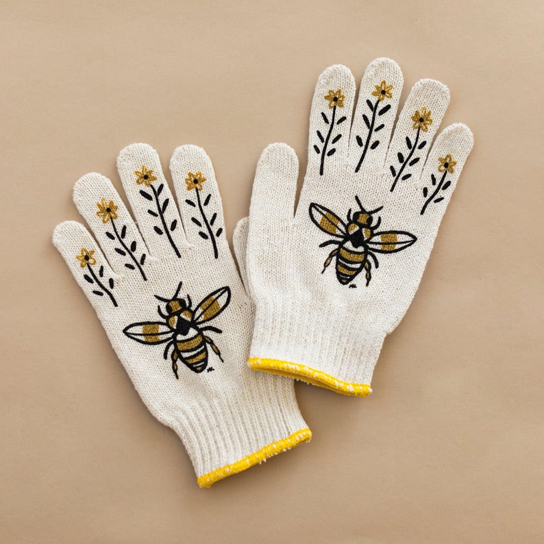 Bee Gardening Gloves: Hand Screen-Printed, Adult & Kids Sizes