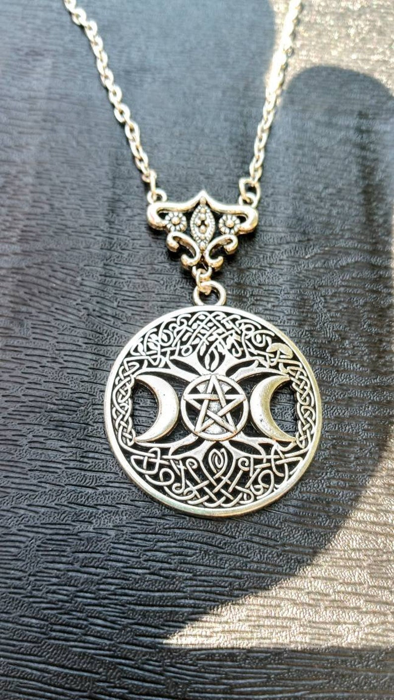 Triple Moon Amulet, Goddess Pendant, Triple Moon Protection, Pentacle Amulet, Celtic Pagan Amulet, Norse Amulet, Yggdrasil Amulet