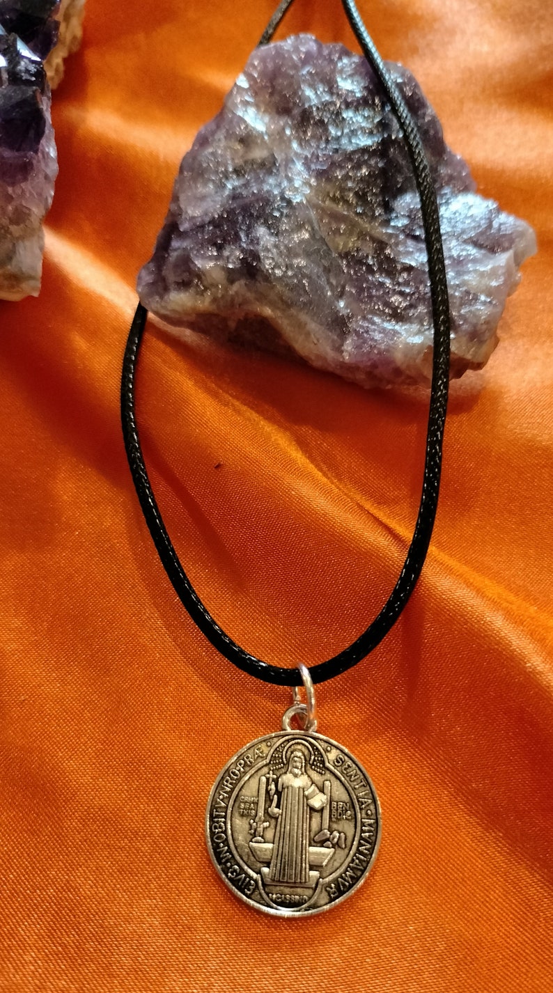 St Benedict Lucky charm necklace. Saint Benedict Catholic protection pendant, Lucky charm necklace on 18 in blck adjustable chain