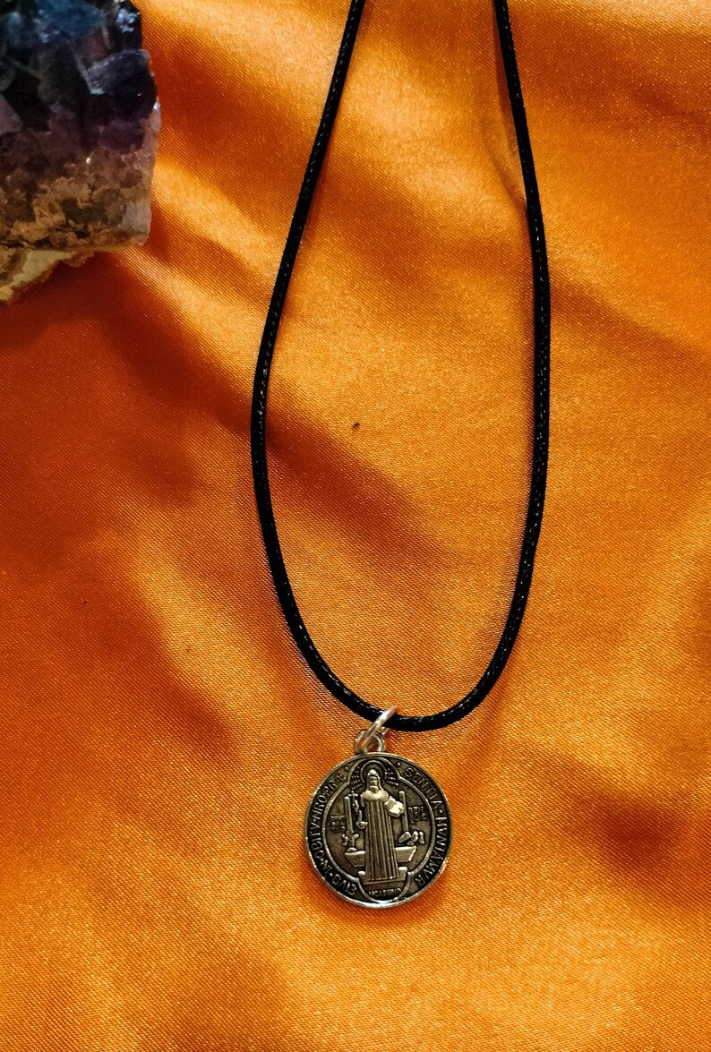 St Benedict Lucky charm necklace. Saint Benedict Catholic protection pendant, Lucky charm necklace on 18 in blck adjustable chain