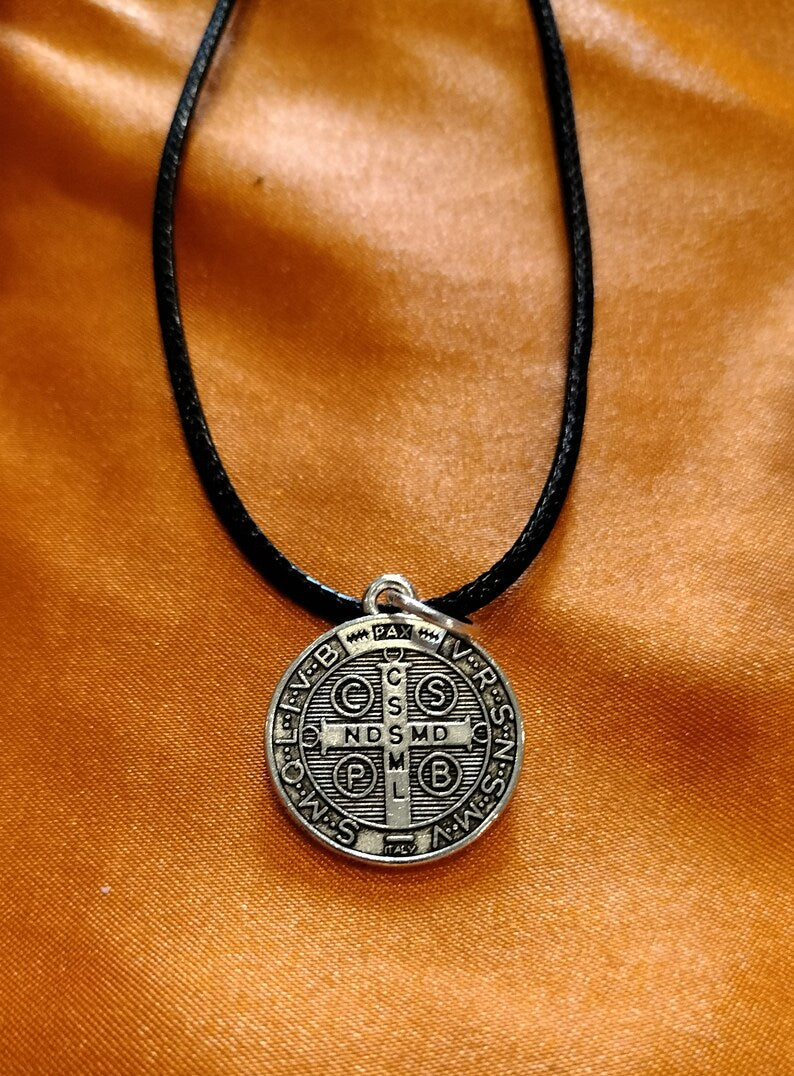 St Benedict Lucky charm necklace. Saint Benedict Catholic protection pendant, Lucky charm necklace on 18 in blck adjustable chain