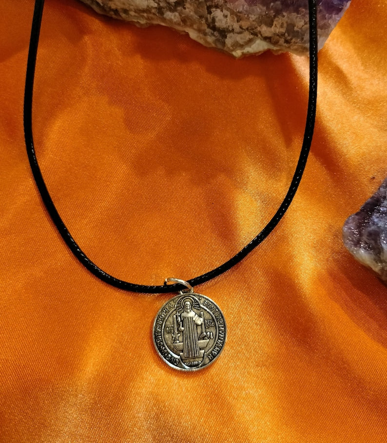 St Benedict Lucky charm necklace. Saint Benedict Catholic protection pendant, Lucky charm necklace on 18 in blck adjustable chain