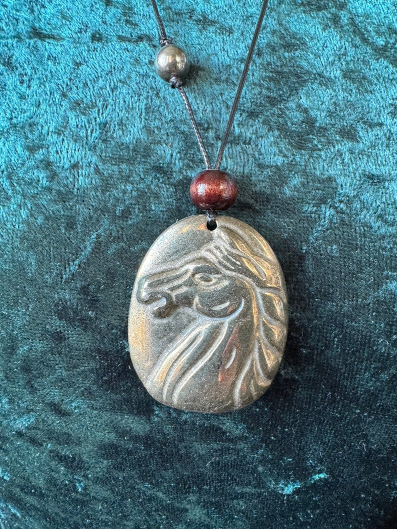 Epona Horse Goddess Carved Pyrite Necklace