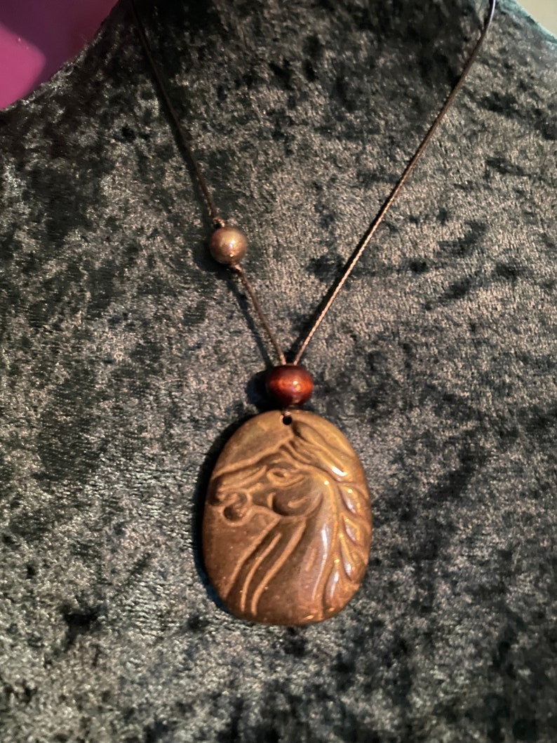 Epona Horse Goddess Carved Pyrite Necklace