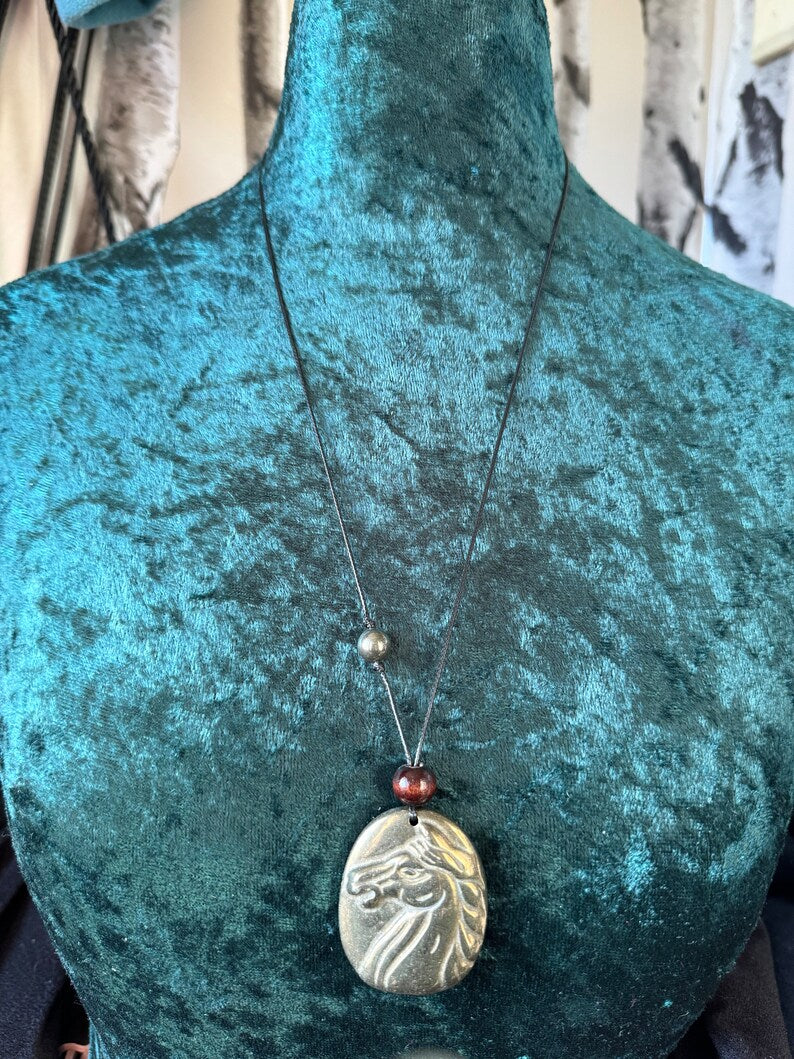 Epona Horse Goddess Carved Pyrite Necklace