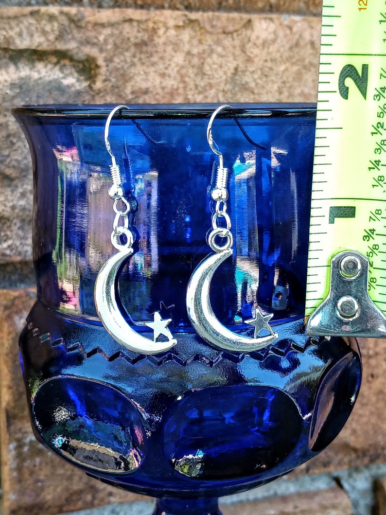 Moon & Star Earrings, Celestial Dangle Earrings, Silvertone Moon, Silvertone Moon Dangles, Man in the Moon Dangles, Celestial Earrings