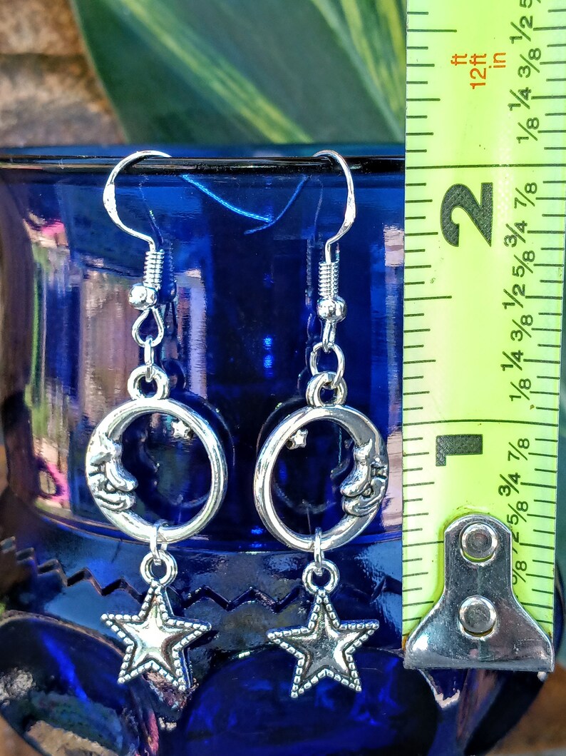 Moon & Star Earrings, Celestial Dangle Earrings, Silvertone Moon, Silvertone Moon Dangles, Man in the Moon Dangles, Celestial Earrings
