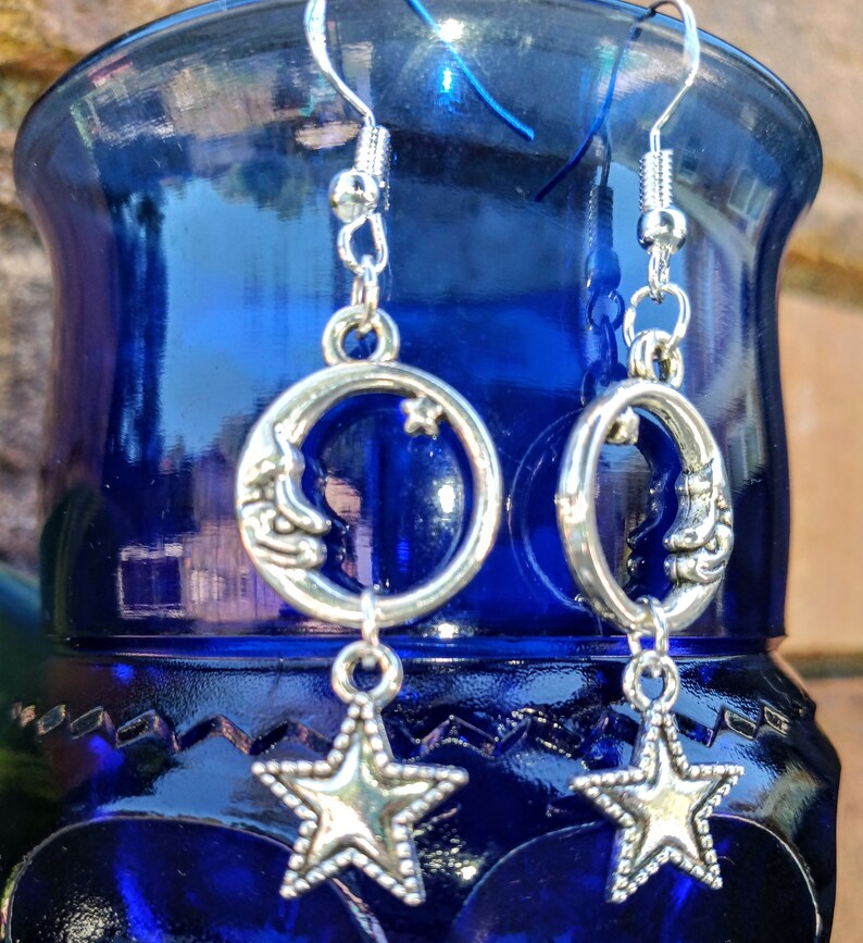 Moon & Star Earrings, Celestial Dangle Earrings, Silvertone Moon, Silvertone Moon Dangles, Man in the Moon Dangles, Celestial Earrings
