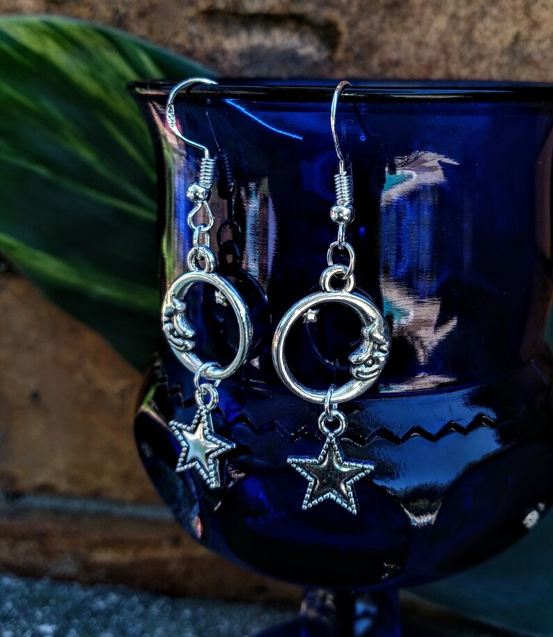 Moon & Star Earrings, Celestial Dangle Earrings, Silvertone Moon, Silvertone Moon Dangles, Man in the Moon Dangles, Celestial Earrings
