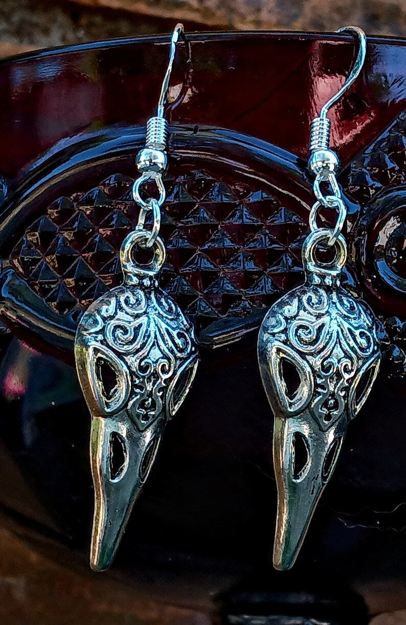 Raven Earrings, Crow Dangle Earrings, Silvertone Raven Dangles, Silvertone Crow Dangles, Gothic Raven Earrings, The Raven Earrings