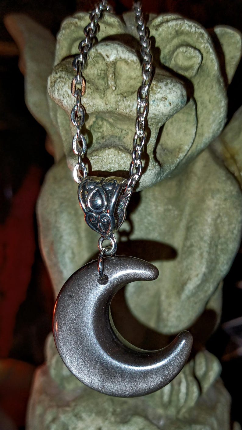 Silver Obsidian Moon, Obsidian Moon Pendant, Moon Pendant, Moon Amulet, Protection Amulet, Witch Moon Pendant, Goth Moon Pendant, Witch Gift