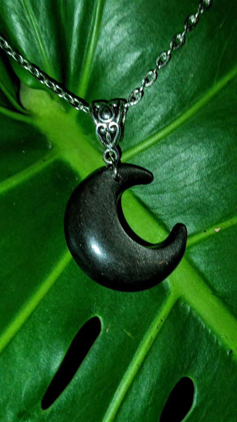 Silver Obsidian Moon, Obsidian Moon Pendant, Moon Pendant, Moon Amulet, Protection Amulet, Witch Moon Pendant, Goth Moon Pendant, Witch Gift