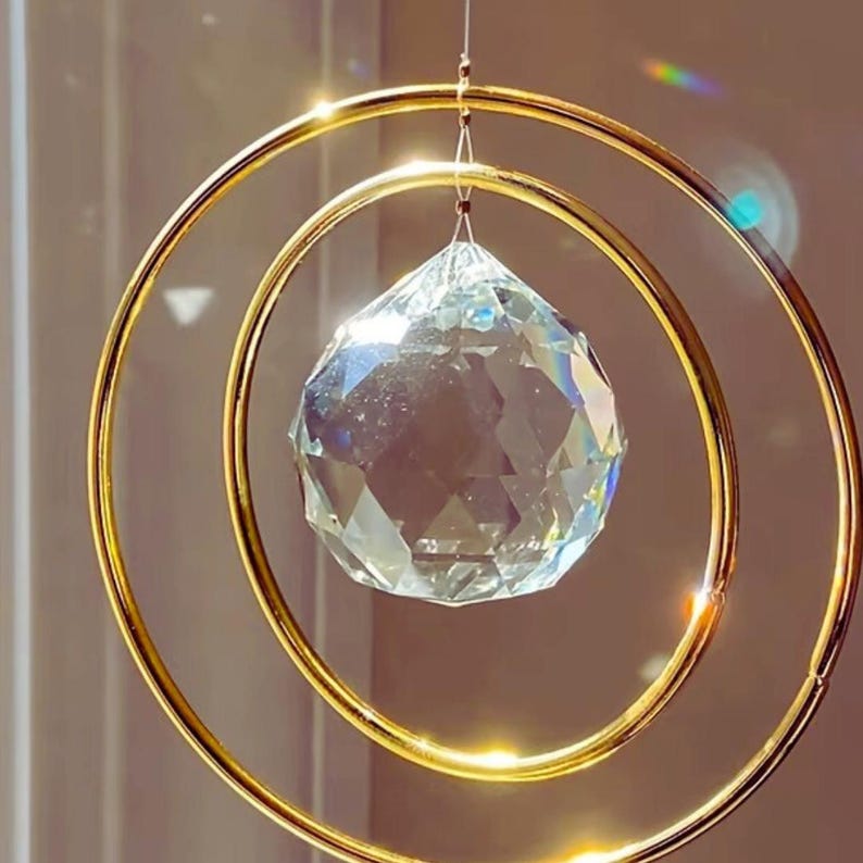 Crystal Suncatcher: Faceted Prism with Gold Rings