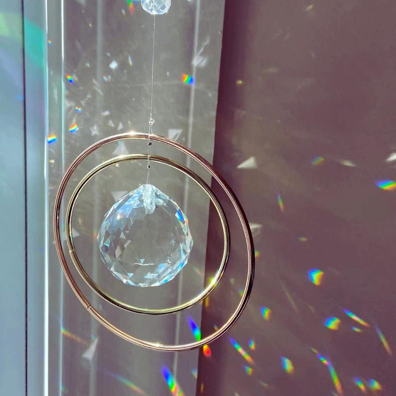 Crystal Suncatcher: Faceted Prism with Gold Rings