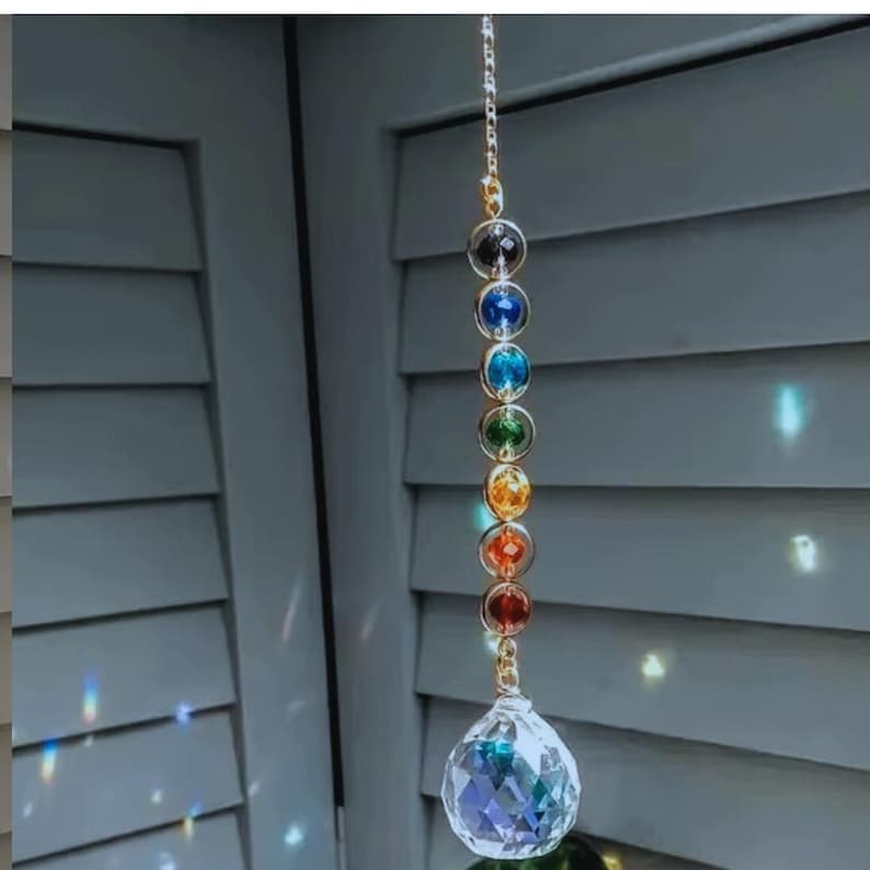 Chakra Crystal Suncatcher – Rainbow Hanging Prism with Healing Gemstones
