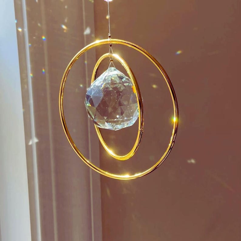 Crystal Suncatcher: Faceted Prism with Gold Rings