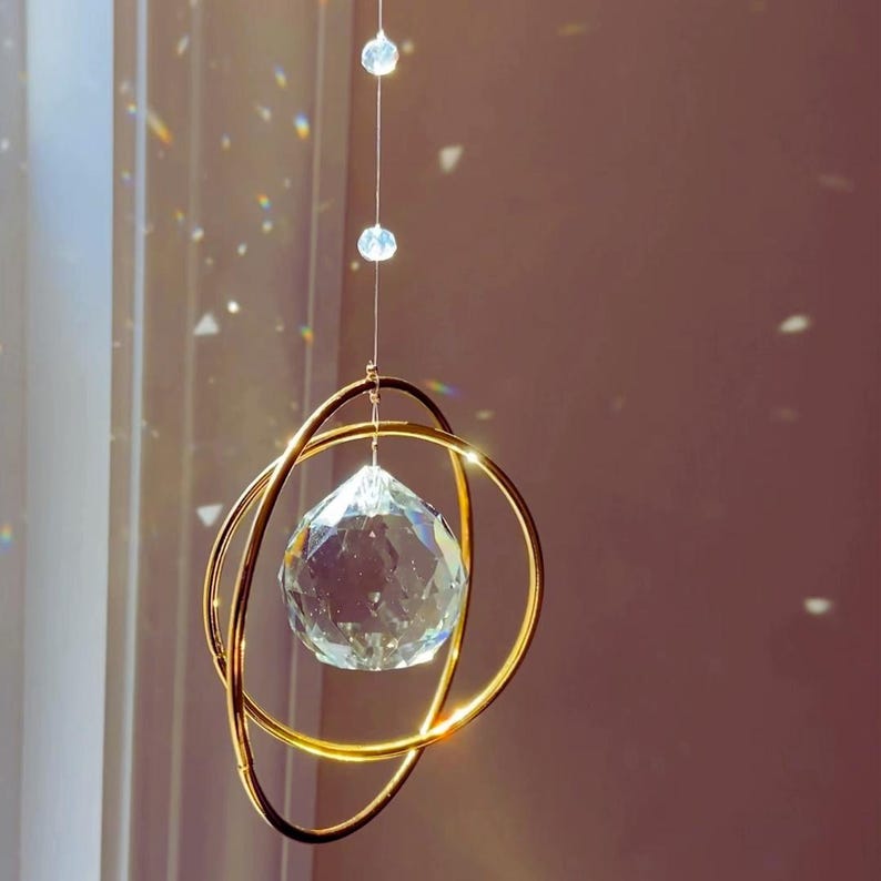 Crystal Suncatcher: Faceted Prism with Gold Rings