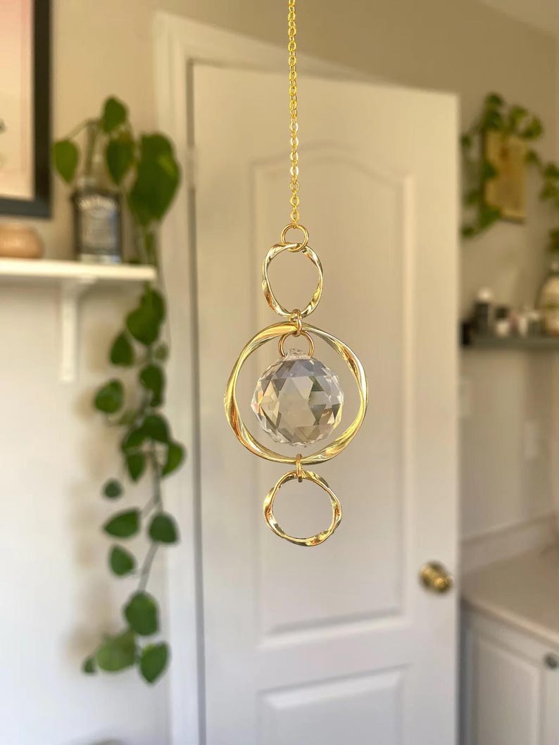 Crystal Suncatcher: Faceted Prism with Gold Rings