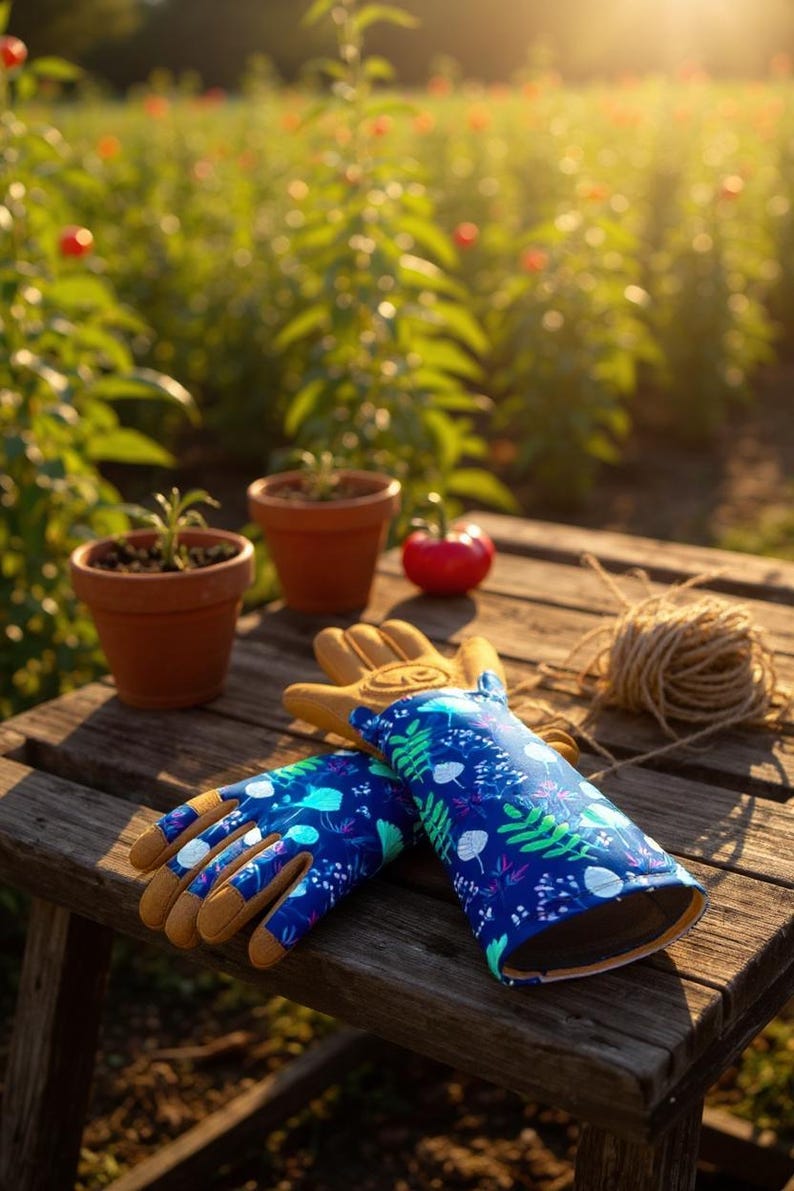 Floral Garden Gloves: Thorn Proof Leather Palm, Long Cuff Protection