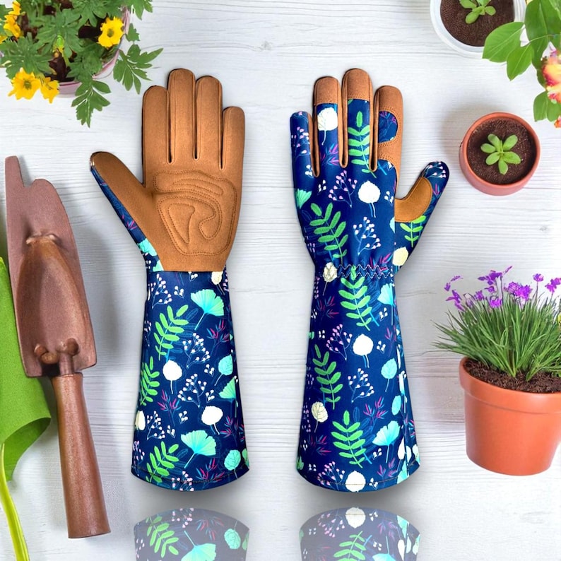 Floral Garden Gloves: Thorn Proof Leather Palm, Long Cuff Protection