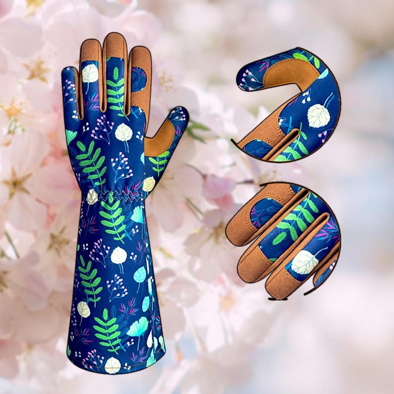 Floral Garden Gloves: Thorn Proof Leather Palm, Long Cuff Protection