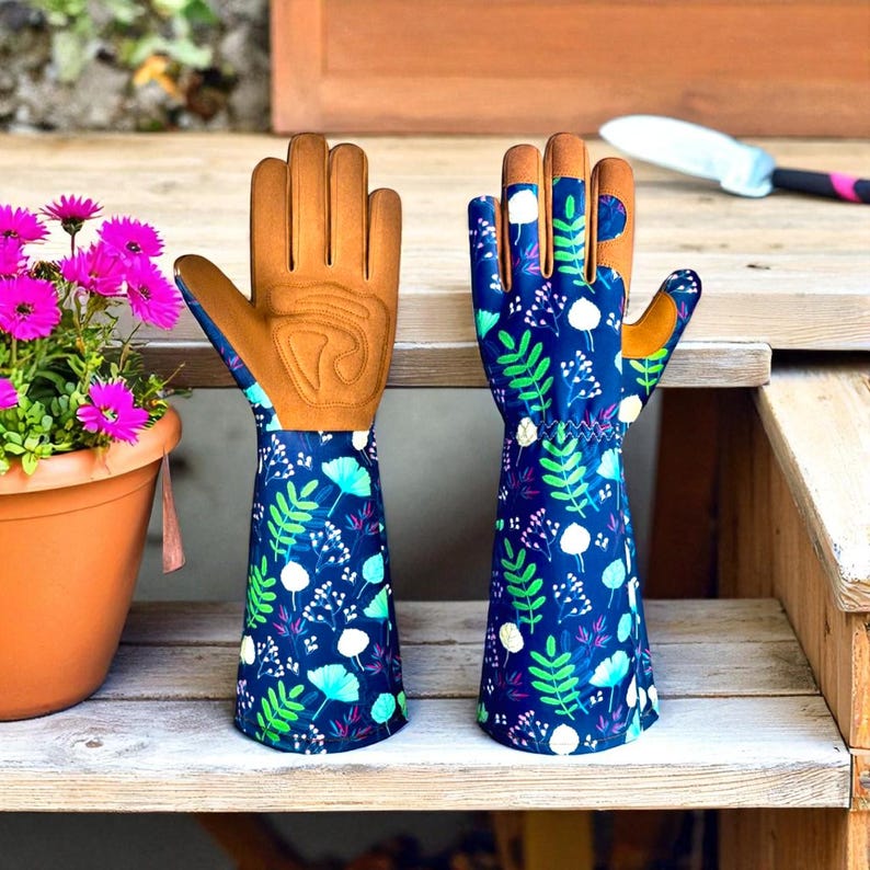 Floral Garden Gloves: Thorn Proof Leather Palm, Long Cuff Protection