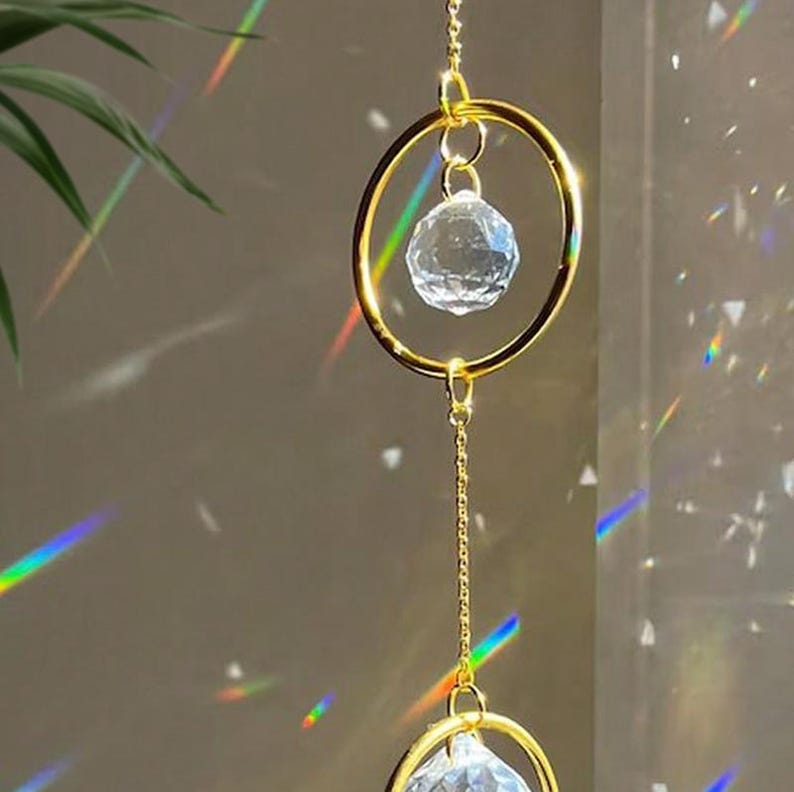 Gold Ring Triple Crystal Ball Suncatcher, Modern Rainbow Maker Window Decor, Home Decor Gift