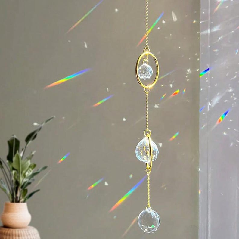 Gold Ring Triple Crystal Ball Suncatcher, Modern Rainbow Maker Window Decor, Home Decor Gift