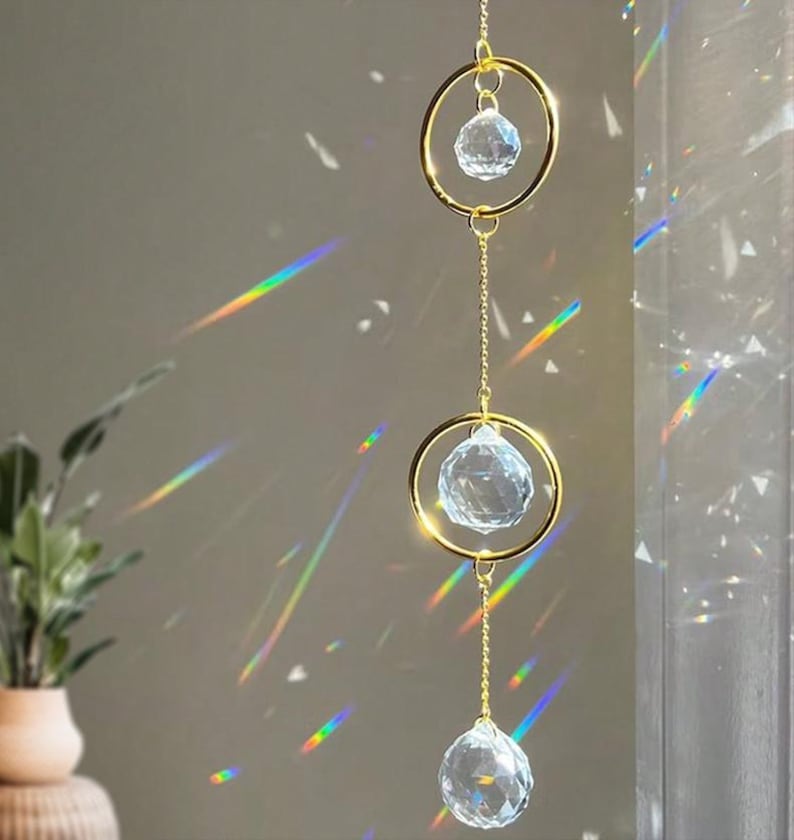 Gold Ring Triple Crystal Ball Suncatcher, Modern Rainbow Maker Window Decor, Home Decor Gift