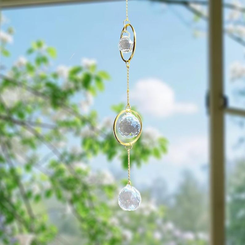 Gold Ring Triple Crystal Ball Suncatcher, Modern Rainbow Maker Window Decor, Home Decor Gift
